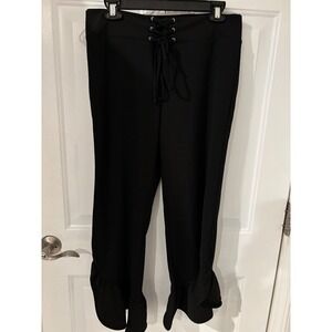 Monteau Black Ruffle Hem Lace-Up Waist Cropped‎ Pants Size L